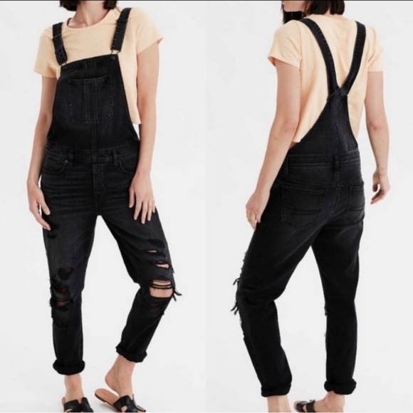 AMERICAN EAGLE Black DISTRESSED Denim OVERALLS - Picture 1 of 6